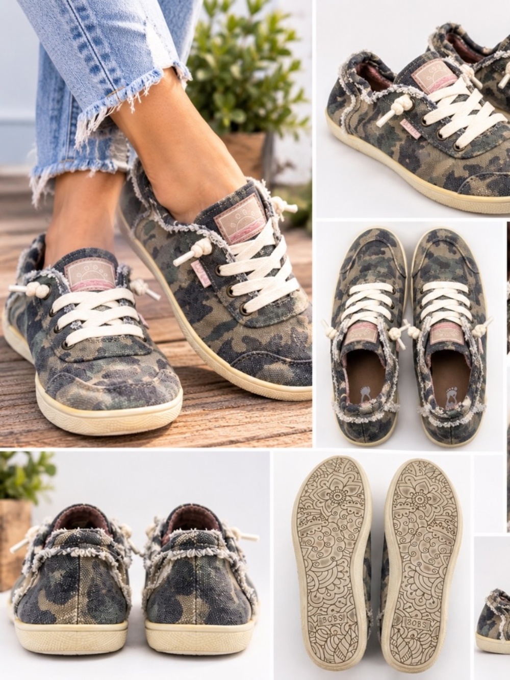 BOBS by Skechers Wunning Shoes Womens Size 6 Green Camo Canvas Memory Foam